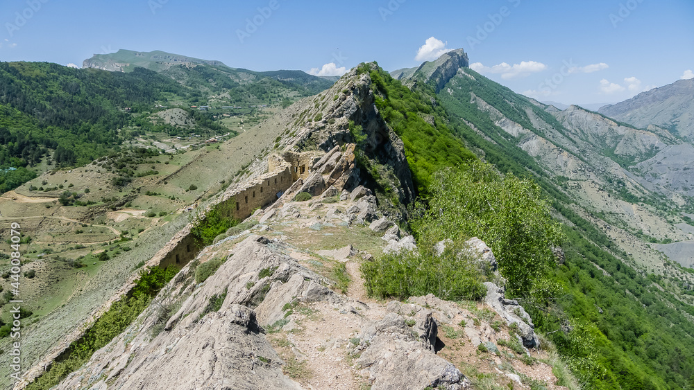 Gunibsky fortress. Protective wall and gates of Gunib. Russia, Republic of Dagestan.