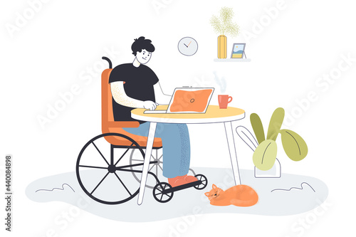 Disabled man working remotely on computer. Invalid in wheelchair working from home flat vector illustration. Accessibility, freelance, workplace concept for banner, website design or landing web page