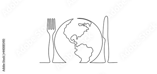 One continuous line drawing world concept. Simple planet, fork, and knife. The minimalist design of minimalism is isolated on white background.