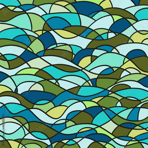 Stained-glass window. Pattern with lines and waves. Universal texture. Dinamic geometric background. Lineal wallpaper. Print for polygraphy, t-shirts and textiles. Decorative style. Line art creation © mikabesfamilnaya