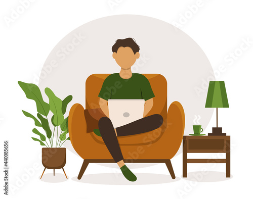 A person with a laptop works and studies at home, home schooling, freelancing, working at home, flat illustration