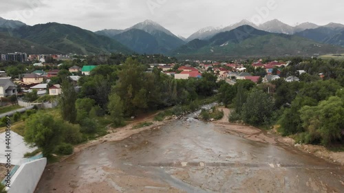 Aerial view of the mountains and the river in Almaty, Kazakhstan photo