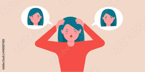 The girl has a split personality. Bipolar mental disorder. Different mood. Psychology. Dual personality concept. Vector illustration