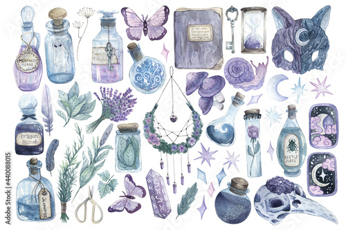 Watercolor clip-art with mystical items, ingredients, herbs, potion bottles and stars. Hand drawn set of illustrations for decoration, stickers, design, scrapbooking, stationery, postcards, etc.