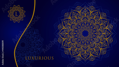 golden mandala with blue luxurious background for web or print vector design element