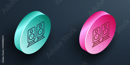 Isometric line Stereo speaker icon isolated on black background. Sound system speakers. Music icon. Musical column speaker bass equipment. Turquoise and pink circle button. Vector