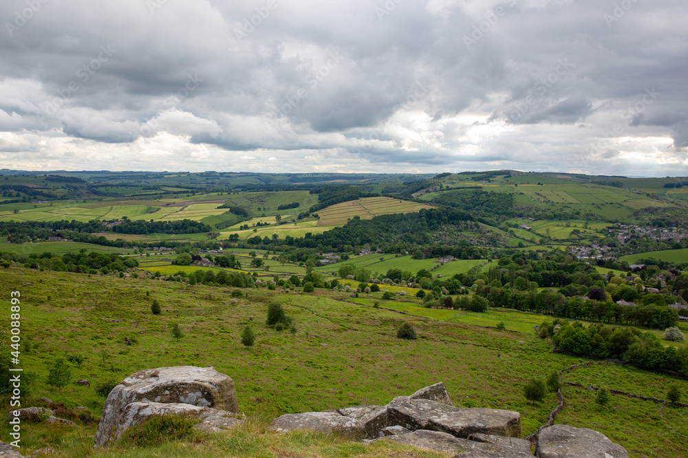 View of the Peak District valleys from a mountain 