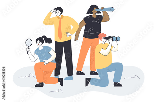 Business team looking for new people. Allegory for searching ideas or staff, woman with magnifier, man with spyglass flat vector illustration. HR, development concept for banner, website design