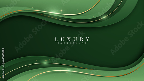 Green on dark shade with elegance golden line elements. Realistic luxury background paper cut style 3d modern concept. Space for paste text. Vector illustration for design.