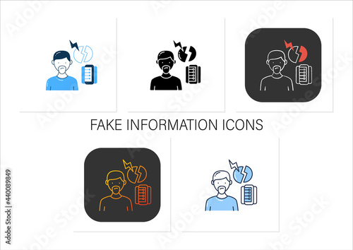 Fake information icons set. Contradictions and inaccuracies in available information. Information overload.Collection of icons in linear, filled, color styles. Isolated vector illustrations