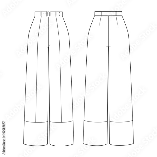 Fashion technical drawing of high waist wide leg trousers. 