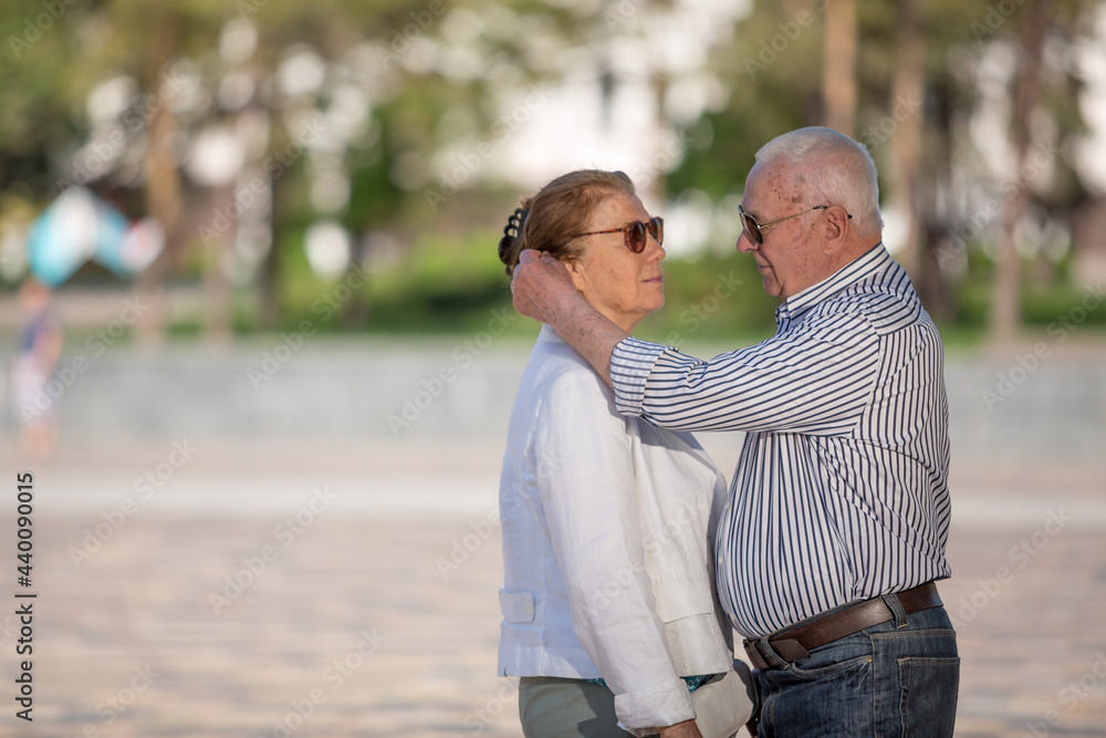 Obraz premium Senior adults walking in a park holding hands 