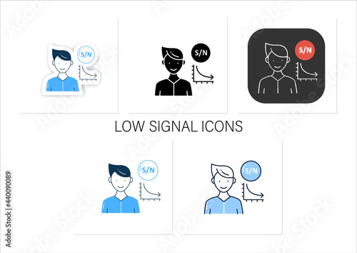Low signal icons set. Low signal to noise ratio. Minimum level to establish connections.Collection of icons in linear, filled, color styles. Isolated vector illustrations