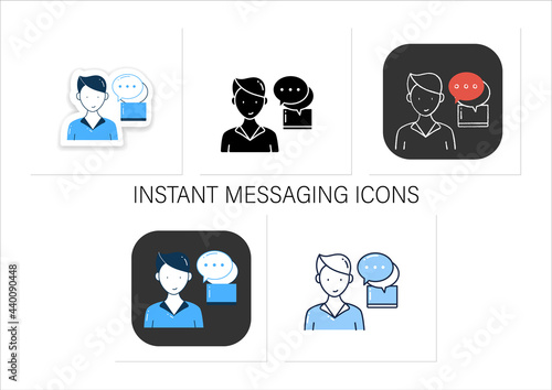 Instant messaging icons set. Momentary messaging on social networks badge for designs. Collection of icons in linear, filled, color styles. Isolated vector illustrations