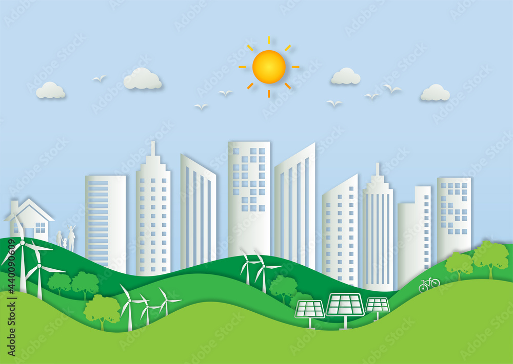 green cityscape and ecology background paper art stype. Ecology and environment conservation. Vector illustration in craft concept.