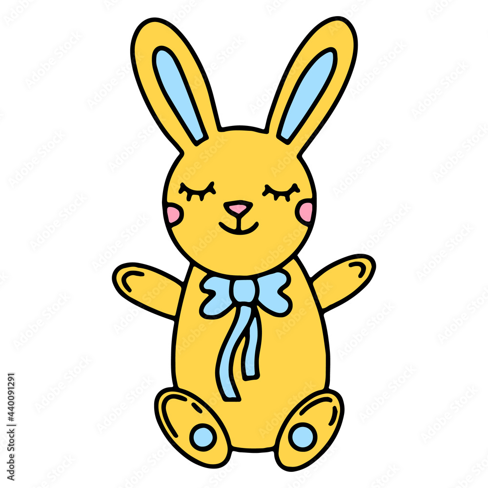 Cute illustration of a yellow teddy bunny toy with a smile in the style of a hand-drawn cartoon Cute illustration of a yellow teddy bunny toy with a smile in the style of a hand-drawn cartoon