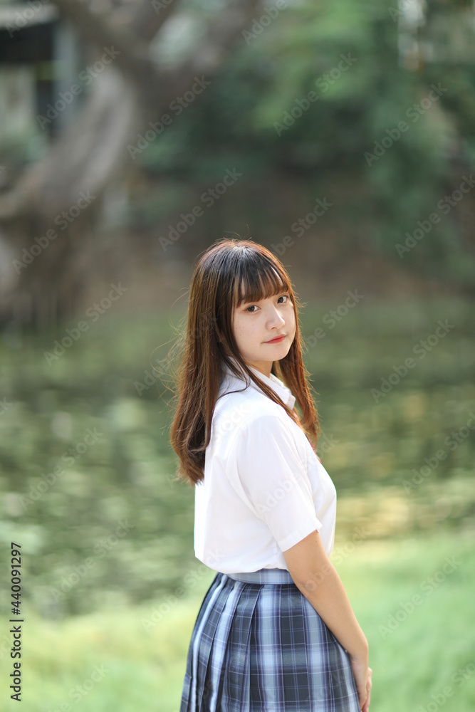 beautiful asian japanese school girl uniform looking at park outdoor beautiful asian japanese school girl uniform looking at park outdoor