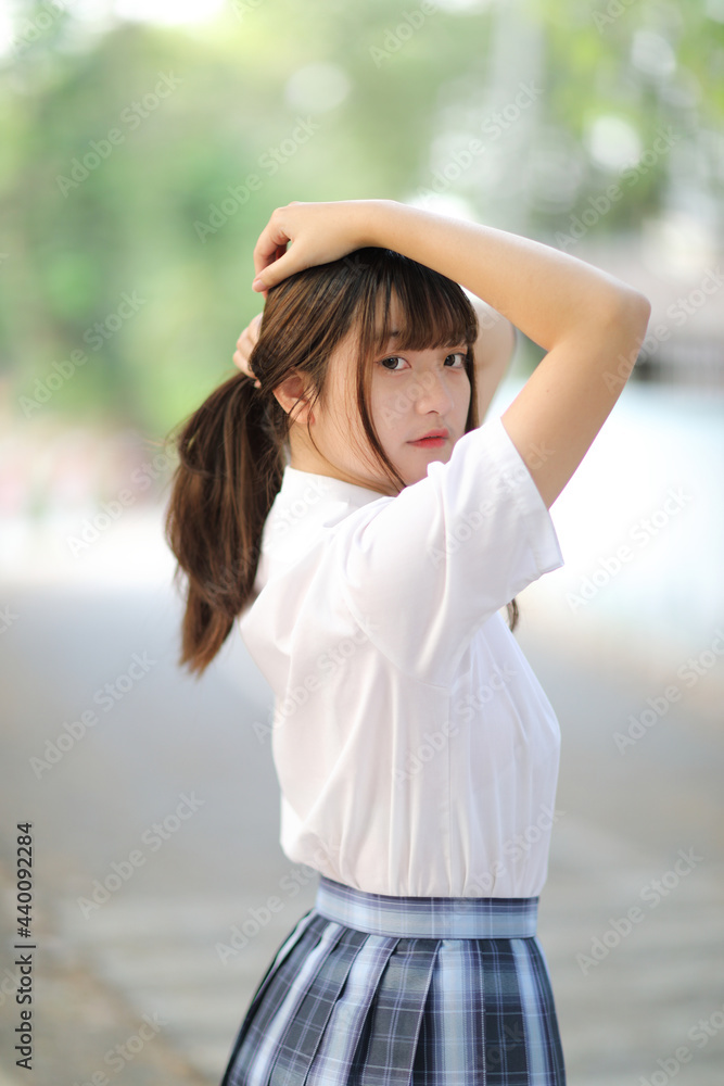 beautiful asian japanese school girl uniform looking at park outdoor beautiful asian japanese school girl uniform looking at park outdoor