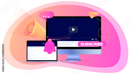 Subscribe. Red button subscribe to video, blog. Notification. Social media background. Marketing. Information about events, activities, announcements. Subscribe landing page concept. Web