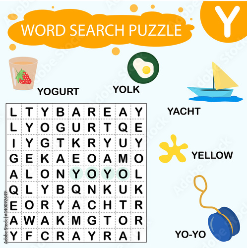 Vector educational game for kids. A puzzle for finding words starting with the letter Y