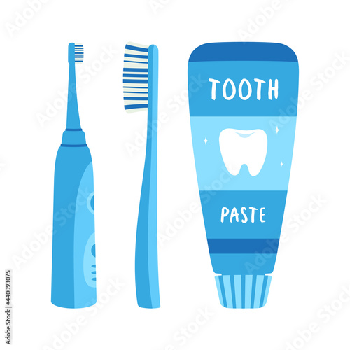 set of electric and handle toothbrush with toothpaste