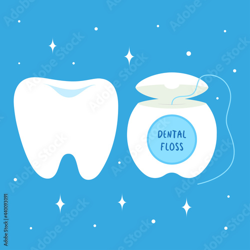 set with cartoon tooth and dental floss