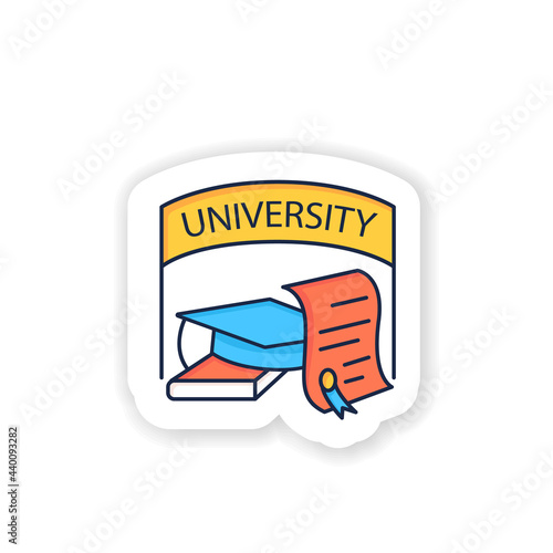 University graduation sticker icon. Successful training completion. Books and graduate hat badge for designs. Diploma.Masters degree. Graduation vector emblem