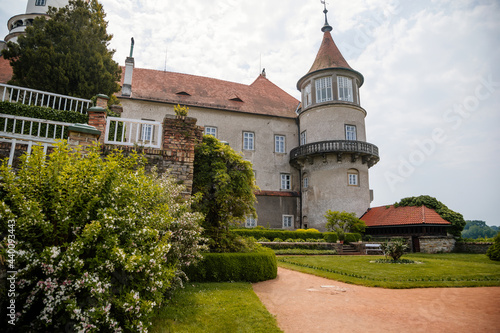 Baroque romantic castle Nove mesto nad Metuji, Italian garden, renaissance chateau with small round tower, English mansion with park, summer sunny day, Eastern Bohemia, Czech Republic