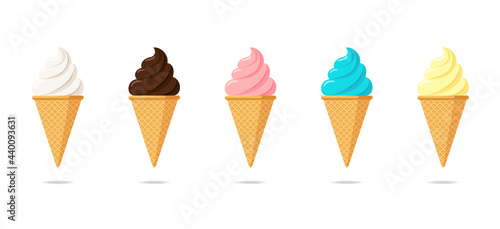 Delicious multicolor ice cream in waffle cone set. Vanilla chocolate and pistachio strawberry taste isolated twisted ice-cream on white background. Cute flat cartoon style product design illustration