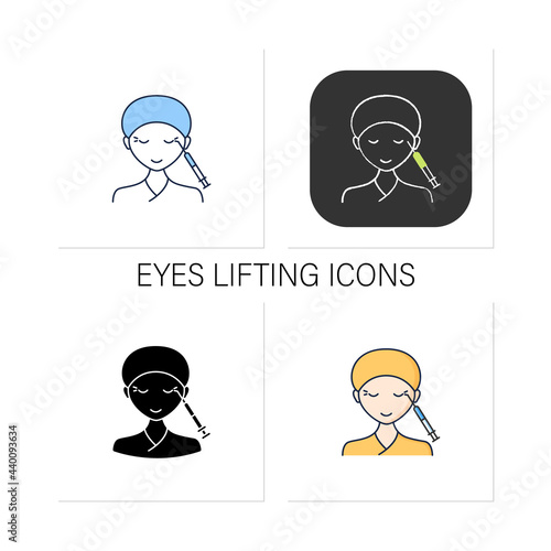 Cosmetic injection icons set.Injection into corners of eyes. Eyes lifting.Rejuvenation. Beauty cosmetic procedure.Collection of icons in linear, filled, color styles.Isolated vector illustrations