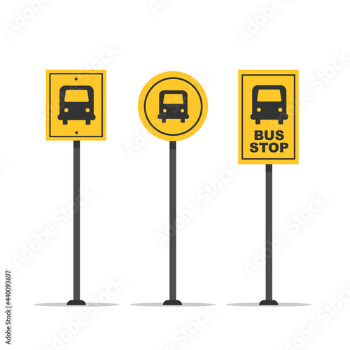 Set of bus stop signs isolated on white background. Signal street. Vector stock 