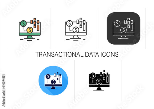 Transactional data icons set. Documents an exchange, agreement,transfer occurs between organizations and individuals.Collection of icons in linear, filled, color styles.Isolated vector illustrations