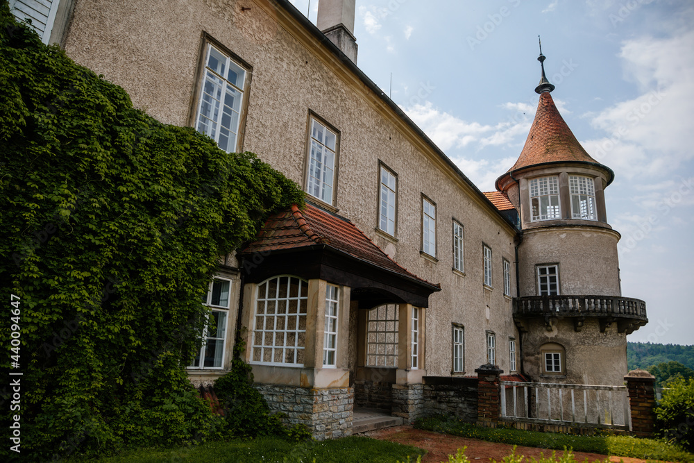 Baroque romantic castle Nove mesto nad Metuji, Italian garden, renaissance chateau with small round tower, English mansion with park, summer sunny day, Eastern Bohemia, Czech Republic