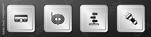 Set Hunting cartridge belt, Climber rope, Road traffic sign and Flashlight icon. Silver square button. Vector