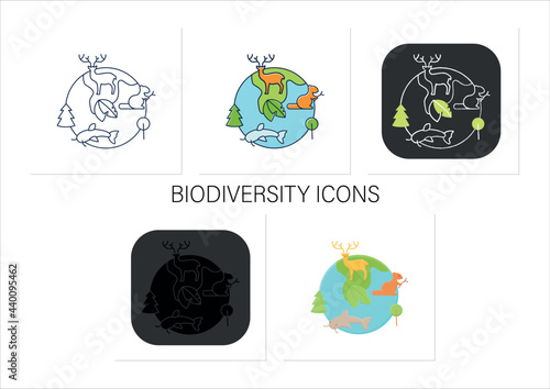 Biodiversity icons set.Variety,life variability on Earth. Different animals,plants kinds. Underwater ecosystem.Collection of icons in linear, filled, color styles.Isolated vector illustrations