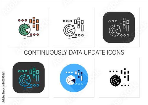 Continuously data update icons set.Continuous process of updating users data, information.Infographic banking platform.Collection of icons in linear, filled, color styles.Isolated vector illustrations