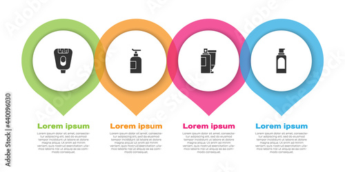 Set Epilator, Cream lotion cosmetic tube, and Spray can for hairspray. Business infographic template. Vector