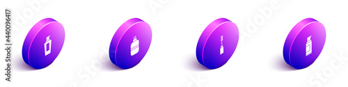 Set Isometric Bottle of shampoo, Perfume, Mascara brush and Spray can for hairspray icon. Vector