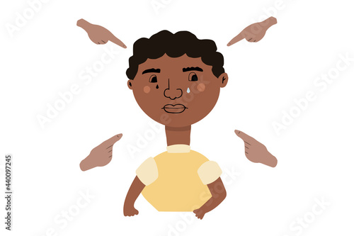 Afro american boy crying. Fingers pointing on the sad teenager. Bullying victim. Vector illustration in hand drawn cartoon style.