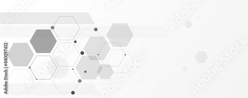 Geometric abstract background with black and white hexagons. Structure molecule and communication. Science, technology and medical concept. Vector illustration