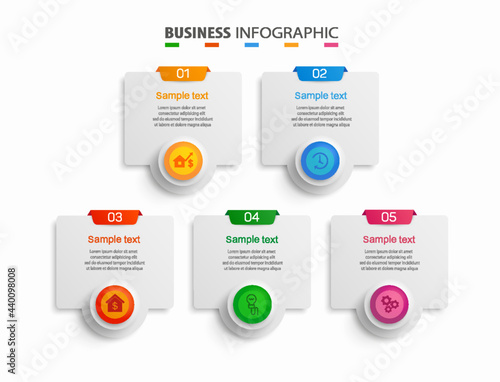 Business vector infographic design template with 5 options or steps. Can be used for process diagram, presentations, workflow layout, banner, flow chart, info graph