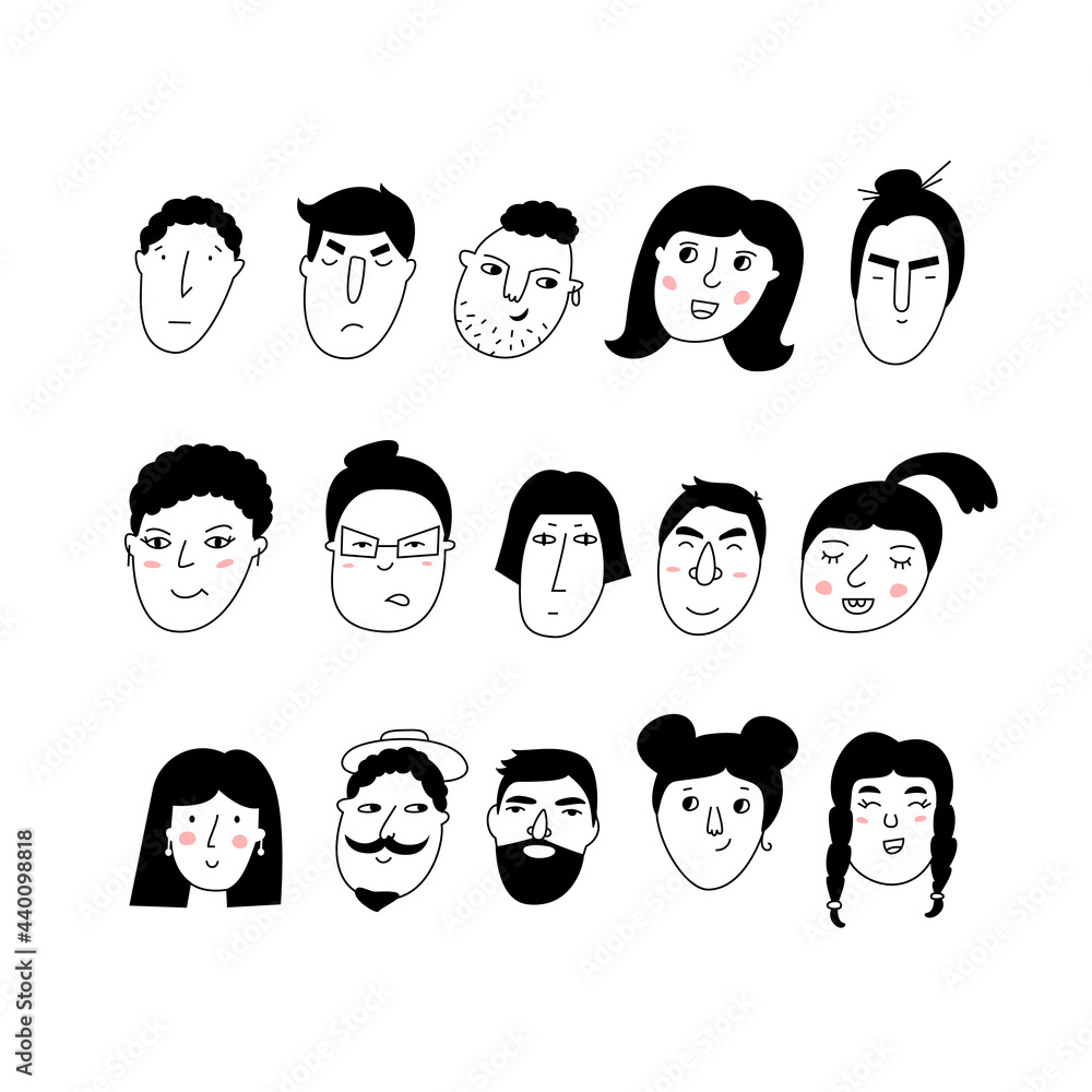 Doodle portraits girls and guys. Trendy hand drawn icon collection. Black and white vector illustration. Doodle portraits girls and guys. Trendy hand drawn icon collection. Black and white vector illustration.