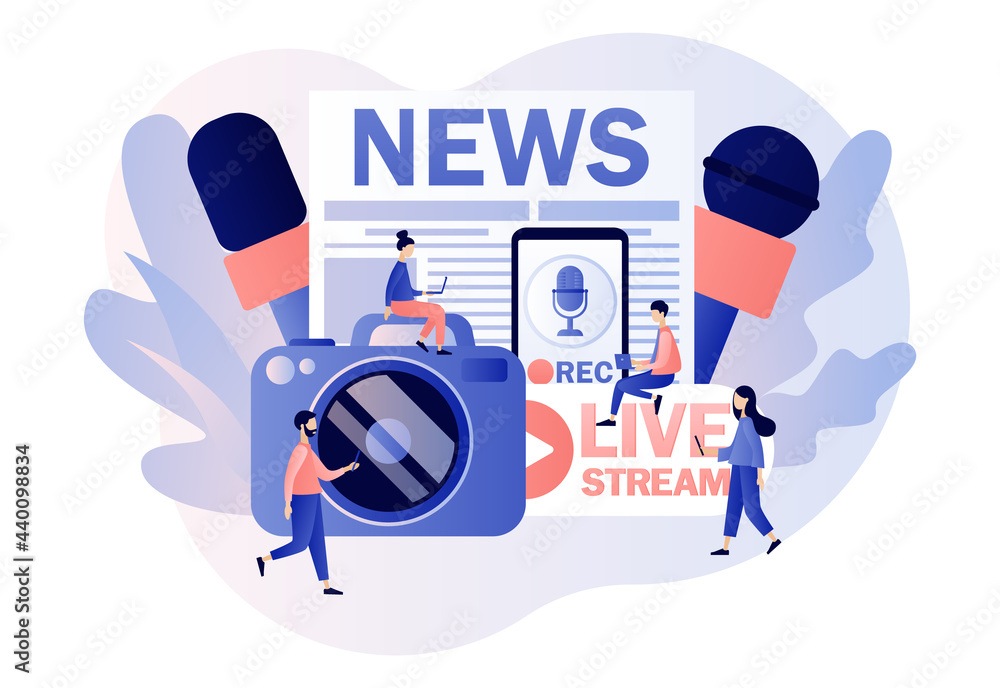 Journalist concept. Mass media news. TV, newspaper, internet and radio  journalism. Tiny people journalists with microphones and camera in Live  Stream. Modern flat cartoon style. Vector illustration Stock Vector | Adobe  Stock
