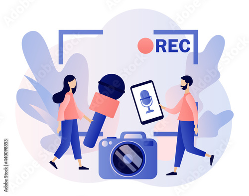 Journalist concept. Mass media news. TV, internet and radio journalism. Tiny people journalists with microphones record report. Modern flat cartoon style. Vector illustration on white background