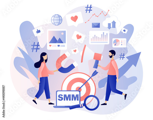 SMM concept. SMM course or school. Digital marketing, online advertising. Tiny people work social media managers. Modern flat cartoon style. Vector illustration on white background
