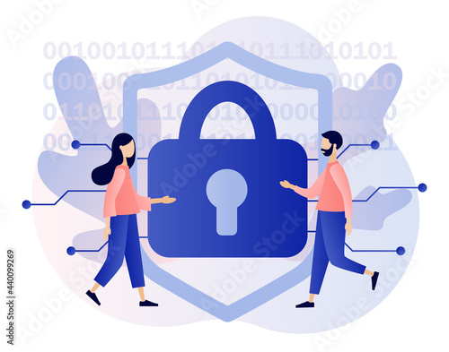 Cyber security. Tiny people protection of computer services and electronic information. Global network security. Data protection. Digital access and online safety. Modern flat cartoon style. Vector 