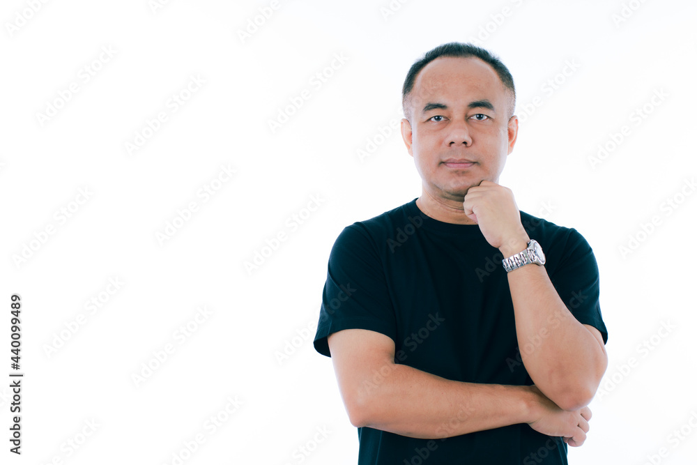 Obraz premium Portrait ofl middle age senior Asian man in a black t-shirt. .Isolate on white background