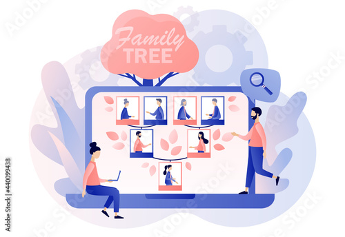 Family tree on web site. Genealogy online. Pedigree. Tiny people: grandparents, parents, children. Example of relatives connection data. Modern flat cartoon style. Vector illustration 