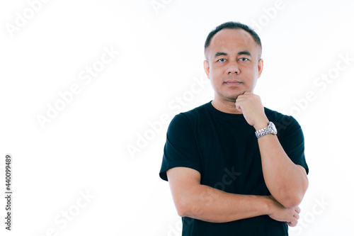 Portrait ofl middle age senior Asian man in a black t-shirt. .Isolate on white background