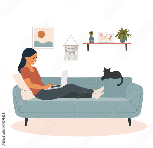 Young woman looking into a laptop and lying on sofa in the living room. Vector flat style illustration